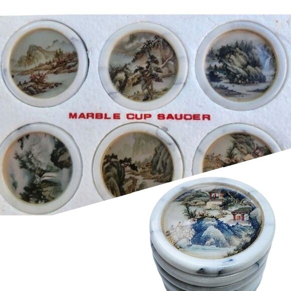 Vintage 60s Chinese Set of 6 Coasters Marble & Glass Village Landscape Barware - Picture 11 of 16